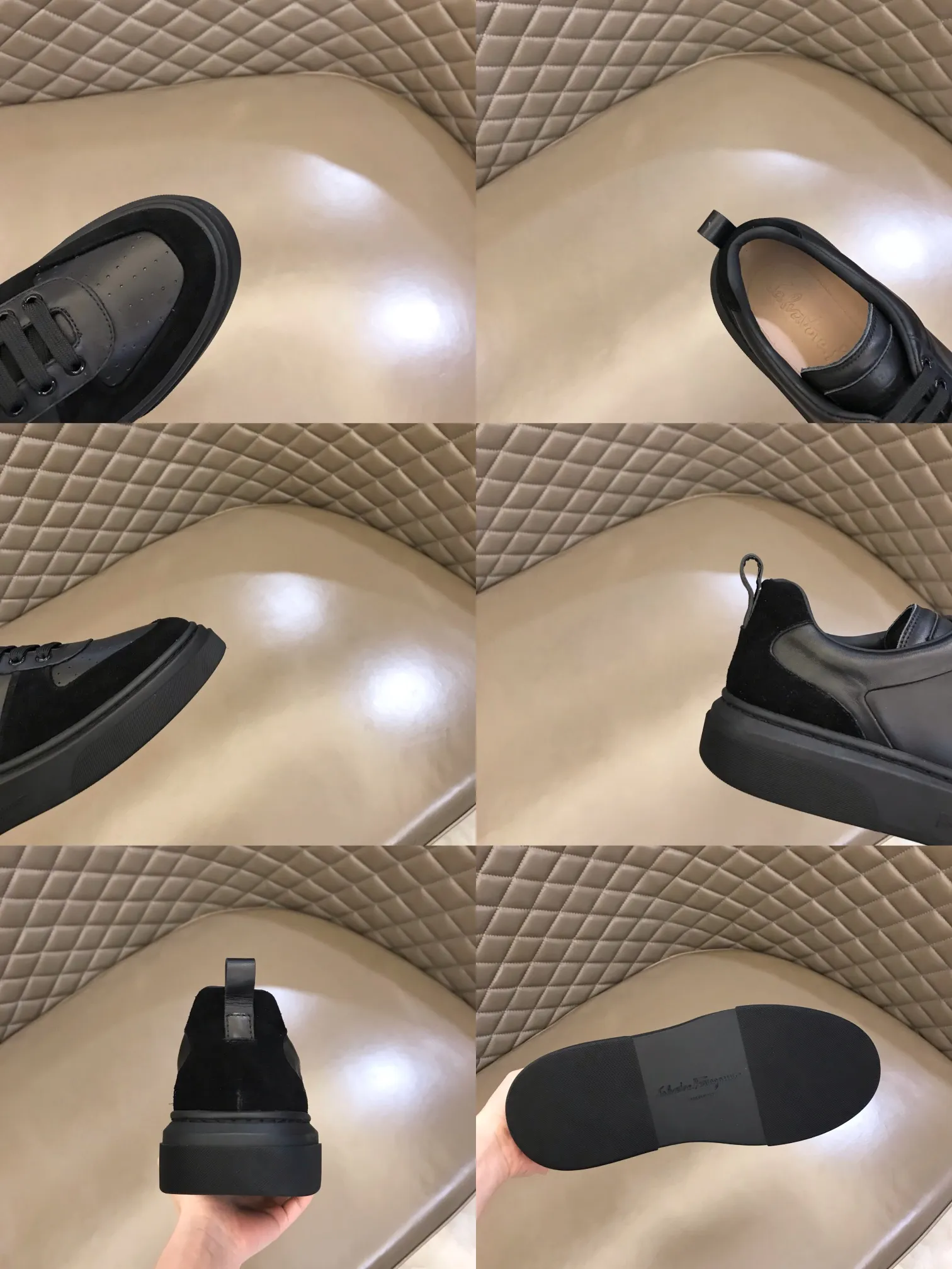 p420 "Salvatore Ferraga**" men's low-cut fashion sneakers. This casual shoe has a novel structure and is made of soft calfskin. The contrasting color elements on the upper highlight the bold and avant-garde atmosphere. The first-layer cowhide lining is high-end and comfortable. Energetic and fresh, these shoes can be worn with casual looks or add a touch of street style to elegant trousers.  Size: 38-44